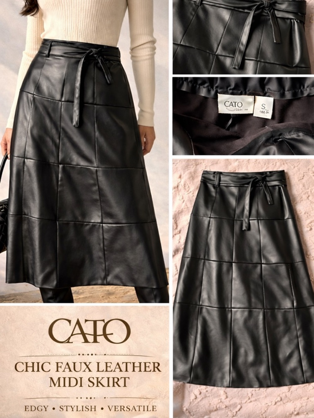 CATO Black Faux Leather Paneled Midi Skirt with Waist Tie